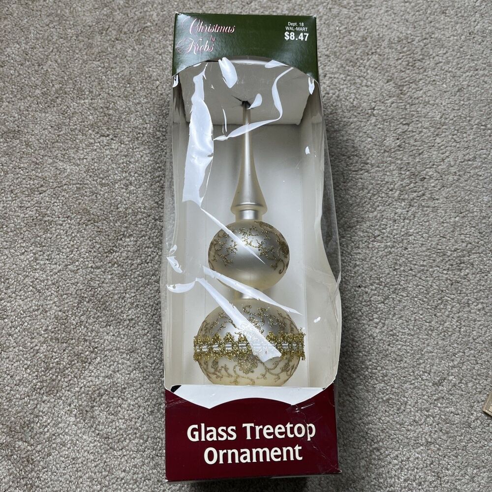VTG 13” Christmas By Krebs Gold Glass Tree Topper Gold Glitter lace Teardrop USA